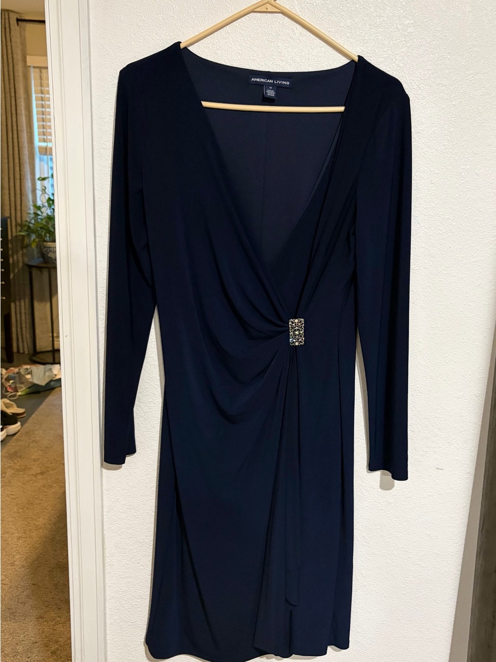 American Living Navy Long-Sleeve Faux-Wrap Dress with Embellished Waist